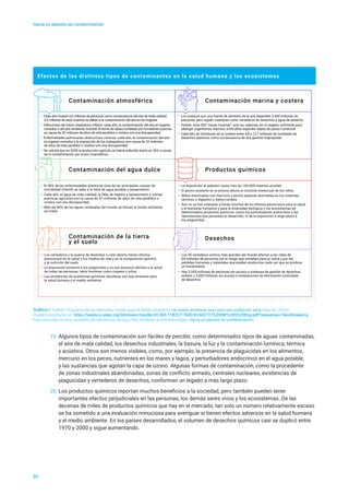 Efectos de los distintos tipos de contaminantes en la salud humana y los ecosistemas
Figure 2
• Cada año mueren 6,5 millones de personas como consecuencia del aire de mala calidad;
4,3 millones de esas muertes se deben a la contaminación del aire en los hogares
• Infecciones del tracto respiratorio inferior: cada año, la contaminación del aire en lugares
cerrados o del aire ambiente, incluido el humo de tabaco inhalado por fumadores pasivos,
es causa de 52 millones de años de vida perdidos o vividos con una discapacidad
• Enfermedades pulmonares obstructivas crónicas: cada año, la contaminación del aire
en lugares cerrados y la exposición de los trabajadores son causa de 32 millones
de años de vida perdidos o vividos con una discapacidad
• Se calcula que en 2030 la producción agrícola se habrá reducido hasta un 26% a causa
de la contaminación por ozono troposférico
• El 58% de las enfermedades diarreicas (una de las principales causas de
mortalidad infantil) se debe a la falta de agua potable y saneamiento
• Cada año, el agua de mala calidad, la falta de higiene y saneamiento y ciertas
prácticas agrícolas son la causa de 57 millones de años de vida perdidos o
vividos con una discapacidad
• Más del 80% de las aguas residuales del mundo se liberan al medio ambiente
sin tratar
• Los vertederos y la quema de desechos a cielo abierto tienen efectos
perniciosos en la salud y los medios de vida y en la composición química
y la nutrición del suelo
• La exposición excesiva a los plaguicidas y su uso excesivo afectan a la salud
de todas las personas, tanto hombres como mujeres y niños
• Las existencias de sustancias químicas obsoletas son una amenaza para
la salud humana y el medio ambiente
• Los océanos son una fuente de alimento de la que dependen 3.500 millones de
personas, pero siguen usándose como vertederos de desechos y agua de desecho
• Existen unas 500 “zonas muertas”, esto es, regiones sin el oxígeno suficiente para
albergar organismos marinos, entre ellos especies objeto de pesca comercial
• Cada año se introducen en el océano entre 4,8 y 12,7 millones de toneladas de
desechos plásticos como consecuencia de una gestión inapropiada
• La exposición al asbesto causa más de 100.000 muertes anuales
• El plomo presente en la pintura afecta al cociente intelectual de los niños
• Niños intoxicados con mercurio y plomo padecen anomalías en los sistemas
nervioso y digestivo y daños renales
• Aún no se han evaluado a fondo muchos de los efectos perniciosos para la salud
y el bienestar humanos y para la diversidad biológica y los ecosistemas de
determinados productos químicos, como los perturbadores endocrinos y las
neurotoxinas que perturban el desarrollo, ni de la exposición a largo plazo a
los plaguicidas
• Los 50 vertederos activos más grandes del mundo afectan a las vidas de
64 millones de personas por el riesgo que entrañan para su salud y por las
pérdidas humanas y materiales que pueden producirse cada vez que se produce
un hundimiento
• Hay 2.000 millones de personas sin acceso a sistemas de gestión de desechos
sólidos y 3.000 millones sin acceso a instalaciones de eliminación controlada
de desechos
Contaminación atmosférica Contaminación marina y costera
Productos químicos
Desechos
Contaminación del agua dulce
Contaminación de la tierra
y el suelo
Hacia un planeta sin contaminación
05
19	 Algunos tipos de contaminación son fáciles de percibir, como determinados tipos de aguas contaminadas,
el aire de mala calidad, los desechos industriales, la basura, la luz y la contaminación lumínica, térmica
y acústica. Otros son menos visibles, como, por ejemplo, la presencia de plaguicidas en los alimentos,
mercurio en los peces, nutrientes en los mares y lagos, y perturbadores endocrinos en el agua potable,
y las sustancias que agotan la capa de ozono. Algunas formas de contaminación, como la procedente
de zonas industriales abandonadas, zonas de conflicto armado, centrales nucleares, existencias de
plaguicidas y vertederos de desechos, conforman un legado a más largo plazo.
20	 Los productos químicos reportan muchos beneficios a la sociedad, pero también pueden tener
importantes efectos perjudiciales en las personas, los demás seres vivos y los ecosistemas. De las
decenas de miles de productos químicos que hay en el mercado, tan solo un número relativamente escaso
se ha sometido a una evaluación minuciosa para averiguar si tienen efectos adversos en la salud humana
y el medio ambiente. En los países desarrollados, el volumen de desechos químicos casi se duplicó entre
1970 y 2000 y sigue aumentando.
Gráfico I Fuente: Programa de las Naciones Unidas para el Medio Ambiente, Un medio ambiente sano para una población sana (Nairobi, 2016).
Puede consultarse en https://wedocs.unep.org/bitstream/handle/20.500.11822/17602/K1602727%20INF%205%20Eng.pdf?sequence=1&isAllowed=y.
Para consultar la lista completa de referencias de esa cifra, remítase al informe íntegro, Hacia un planeta sin contaminación.
 