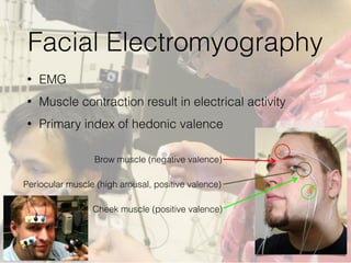 Facial Electromyography
• EMG
• Muscle contraction result in electrical activity
• Primary index of hedonic valence
Brow m...