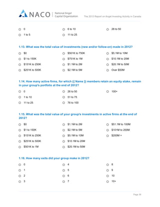  

The 2012 Report on Angel Investing Activity in Canada

	
  
0

6 to 10

1 to 5

26 to 50

11 to 25

1.13. What was the total value of investments (new and/or follow-on) made in 2012?
$0

$501K to 750K

$5.1M to 10M

$1 to 150K

$751K to 1M

$10.1M to 20M

$151K to 250K

$1.1M to 2M

$20.1M to 50M

$251K to 500K

$2.1M to 5M

Over $50M

1.14. How many active firms, for which {{ Name }} members retain an equity stake, remain
in your group's portfolio at the end of 2012?
0

26 to 50

1 to 10

51 to 75

11 to 25

100+

76 to 100

1.15. What was the total value of your group's investments in active firms at the end of
2012?
$0

$1.1M to 2M

$51.1M to 100M

$1 to 150K

$2.1M to 5M

$101M to 200M

$151K to 250K

$5.1M to 10M

$200M +

$251K to 500K

$10.1M to 20M

$501K to 1M

$20.1M to 50M

1.16. How many exits did your group make in 2012?
0

4

8

1

5

9

2

6

10

3

7

10+

Page 36	
  

 