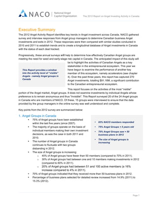  

The 2012 Report on Angel Investing Activity in Canada

	
  

Executive Summary
The 2012 Angel Activity Report identifies key trends in Angel investment across Canada. NACO gathered
survey and interview responses from Angel group managers to determine Canadian business Angel
investments and exits in 2012. These responses were then compared with similar studies conducted in
2010 and 2011 to establish trends and to create a longitudinal database of Angel investments in Canada
with the status of each deal tracked.
Progressively, these annual surveys will help to determine how effectively Canadian Angel groups are
meeting the need for seed and early-stage risk capital in Canada. The anticipated impact of this study will
be to highlight the activities of Canadian Angels as a key
stakeholder in the entrepreneurial ecosystem. This year we
have begun to examine the performance of another key
This Report provides a window
into the activity level of “visible”
member of this ecosystem, namely accelerators (see chapter
Angels - namely Angel groups in
4). Over the past three years, this report has captured 270
Canada
Angel investments, totalling $91.16M, a significant contribution
to the Canadian entrepreneurial ecosystem.
This report focuses on the activities of the most "visible"
portion of the Angel market, Angel groups. It does not examine investments by individual Angels whose
preference is to remain anonymous and thus "invisible". This Report surveyed 20 of the 24 Angel groups
in Canada who are members of NACO. Of these, 15 groups were interviewed to ensure that the data
provided by the group managers in the online survey was well understood and complete.
Key points from the 2012 survey are summarized below:

1. Angel Groups in Canada
•
•

•

•

•
•

75% of Angel groups have been established
• 83% NACO members responded
within the last five years (since 2007).
• 75% Angel Groups < 5 years old
The majority of groups operate on the basis of
individual members making their own investment
• 70% Angel Groups saw > 50
decisions, as was the case in both 2011 and
business plans in 2012
2010.
• The size of Angel groups is
The number of Angel groups in Canada
increasing
continues to fluctuate with two groups
disbanding in 2012.
The size of Angel groups is increasing:
o 45% of Angel groups have fewer than 50 members (compared to 70% in 2011).
o 30% of Angel groups had between one and 10 members making investments in 2012
(compared to 60% in 2011).
o 20% of Angel groups had between 51 and 100 active members (a 16%
increase compared to 4% in 2011).
70% of Angel groups indicated that they received more than 50 business plans in 2012.
Percentage of business plans selected for detailed review increased from 14.9% (2011) to
15.3% (2012).

Page 7	
  

 