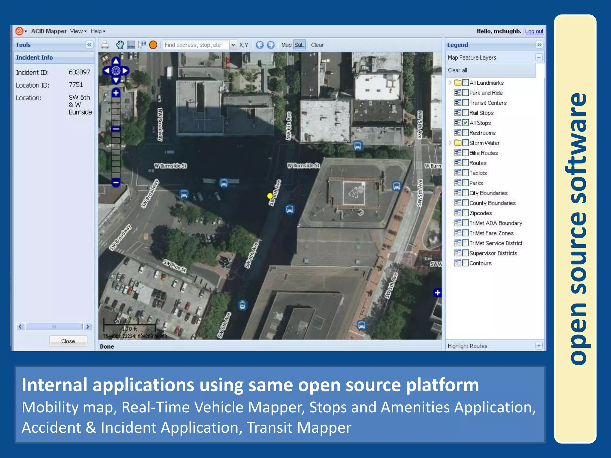 open source softwareInternal applications using same open source platformMobility map, Real-Time Vehicle Mapper, Stops and Amenities Application, Accident & Incident Application, Transit Mapper