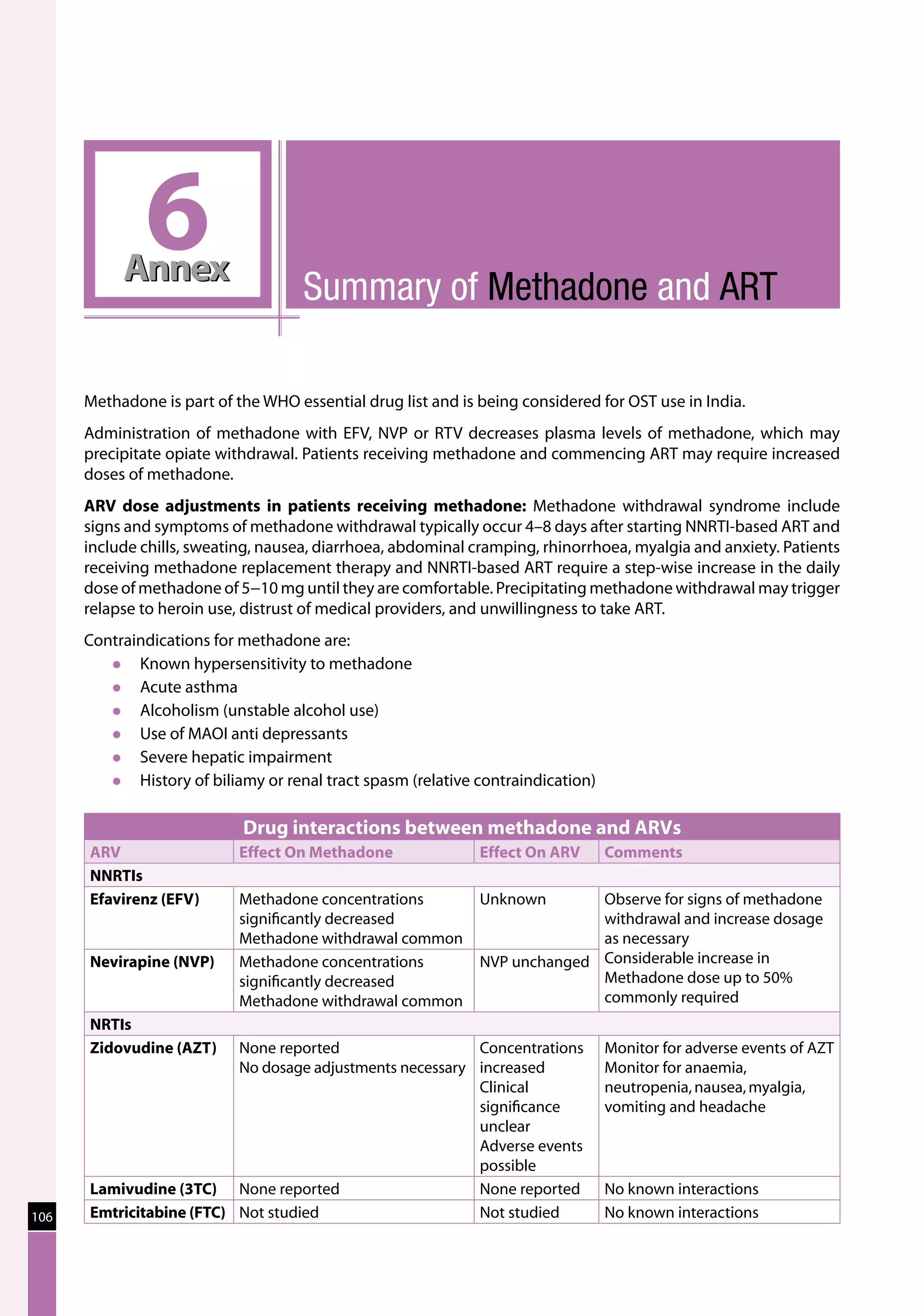 6
           Annex
                                     Summary of Methadone and ART

      Methadone is part of the WHO essential drug list and is being considered for OST use in India.
      Administration of methadone with EFV, NVP or RTV decreases plasma levels of methadone, which may
      precipitate opiate withdrawal. Patients receiving methadone and commencing ART may require increased
      doses of methadone.
      ARV dose adjustments in patients receiving methadone: Methadone withdrawal syndrome include
      signs and symptoms of methadone withdrawal typically occur 4–8 days after starting NNRTI-based ART and
      include chills, sweating, nausea, diarrhoea, abdominal cramping, rhinorrhoea, myalgia and anxiety. Patients
      receiving methadone replacement therapy and NNRTI-based ART require a step-wise increase in the daily
      dose of methadone of 5−10 mg until they are comfortable. Precipitating methadone withdrawal may trigger
      relapse to heroin use, distrust of medical providers, and unwillingness to take ART.
      Contraindications for methadone are:
            Known hypersensitivity to methadone
            Acute asthma
            Alcoholism (unstable alcohol use)
            Use of MAOI anti depressants
            Severe hepatic impairment
            History of biliamy or renal tract spasm (relative contraindication)

                             Drug interactions between methadone and ARVs
      ARV                   Effect On Methadone                Effect On ARV       Comments
      NNRTIs
      Efavirenz (EFV)       Methadone concentrations           Unknown       Observe for signs of methadone
                            significantly decreased                          withdrawal and increase dosage
                            Methadone withdrawal common                      as necessary
      Nevirapine (NVP)      Methadone concentrations           NVP unchanged Considerable increase in
                            significantly decreased                          Methadone dose up to 50%
                            Methadone withdrawal common                      commonly required
      NRTIs
      Zidovudine (AZT)    None reported                   Concentrations           Monitor for adverse events of AZT
                          No dosage adjustments necessary increased                Monitor for anaemia,
                                                          Clinical                 neutropenia, nausea, myalgia,
                                                          significance             vomiting and headache
                                                          unclear
                                                          Adverse events
                                                          possible
      Lamivudine (3TC) None reported                      None reported            No known interactions
106   Emtricitabine (FTC) Not studied                     Not studied              No known interactions
 