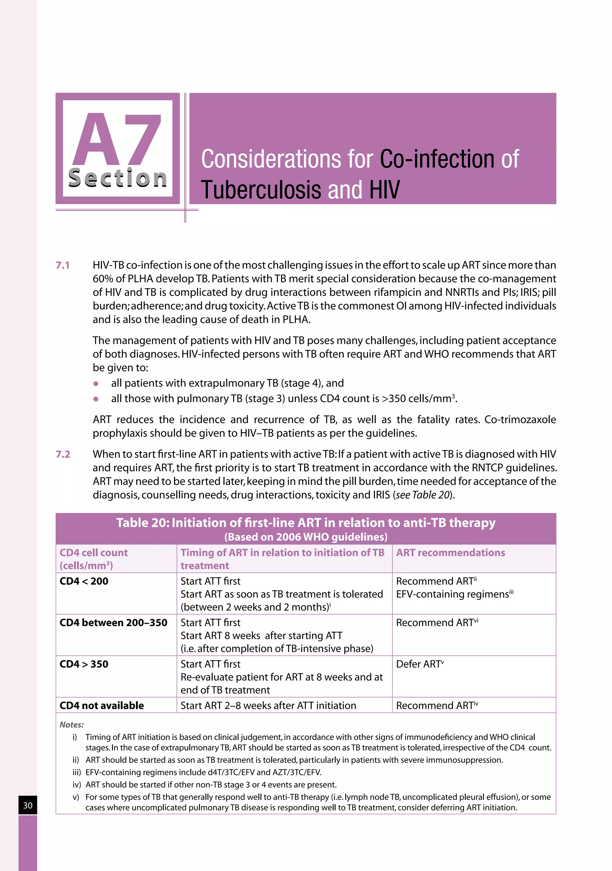 A7
           Sec tion
                                                 Considerations for Co-infection of
                                                 Tuberculosis and HIV

     7.1	         HIV-TB co-infection is one of the most challenging issues in the effort to scale up ART since more than
                  60% of PLHA develop TB. Patients with TB merit special consideration because the co-management
                  of HIV and TB is complicated by drug interactions between rifampicin and NNRTIs and PIs; IRIS; pill
                  burden; adherence; and drug toxicity. Active TB is the commonest OI among HIV-infected individuals
                  and is also the leading cause of death in PLHA.
     	            The management of patients with HIV and TB poses many challenges, including patient acceptance
                  of both diagnoses. HIV-infected persons with TB often require ART and WHO recommends that ART
                  be given to:
                     all patients with extrapulmonary TB (stage 4), and
                     all those with pulmonary TB (stage 3) unless CD4 count is 350 cells/mm3.
     	            ART reduces the incidence and recurrence of TB, as well as the fatality rates. Co-trimozaxole
                  prophylaxis should be given to HIV–TB patients as per the guidelines.
     7.2	         When to start first-line ART in patients with active TB: If a patient with active TB is diagnosed with HIV
                  and requires ART, the first priority is to start TB treatment in accordance with the RNTCP guidelines.
                  ART may need to be started later, keeping in mind the pill burden, time needed for acceptance of the
                  diagnosis, counselling needs, drug interactions, toxicity and IRIS (see Table 20).

                         Table 20: Initiation of first-line ART in relation to anti-TB therapy
                                                        (Based on 2006 WHO guidelines)
         CD4 cell count                    Timing of ART in relation to initiation of TB                  ART recommendations
         (cells/mm3)                       treatment
         CD4  200                         Start ATT first                                                Recommend ARTii
                                           Start ART as soon as TB treatment is tolerated                 EFV-containing regimensiii
                                           (between 2 weeks and 2 months)i
         CD4 between 200–350               Start ATT first                                                Recommend ARTvi
                                           Start ART 8 weeks  after starting ATT
                                           (i.e. after completion of TB-intensive phase)
         CD4  350                         Start ATT first                                                Defer ARTv
                                           Re-evaluate patient for ART at 8 weeks and at
                                           end of TB treatment
         CD4 not available                 Start ART 2–8 weeks after ATT initiation                       Recommend ARTiv
         Notes:
            i)	 Timing of ART initiation is based on clinical judgement, in accordance with other signs of immunodeficiency and WHO clinical
                  stages. In the case of extrapulmonary TB, ART should be started as soon as TB treatment is tolerated, irrespective of the CD4  count.
            ii)	 ART should be started as soon as TB treatment is tolerated, particularly in patients with severe immunosuppression.
            iii)	 EFV-containing regimens include d4T/3TC/EFV and AZT/3TC/EFV.
            iv)	 ART should be started if other non-TB stage 3 or 4 events are present.
            v)	 For some types of TB that generally respond well to anti-TB therapy (i.e. lymph node TB, uncomplicated pleural effusion), or some
30                cases where uncomplicated pulmonary TB disease is responding well to TB treatment, consider deferring ART initiation.
 