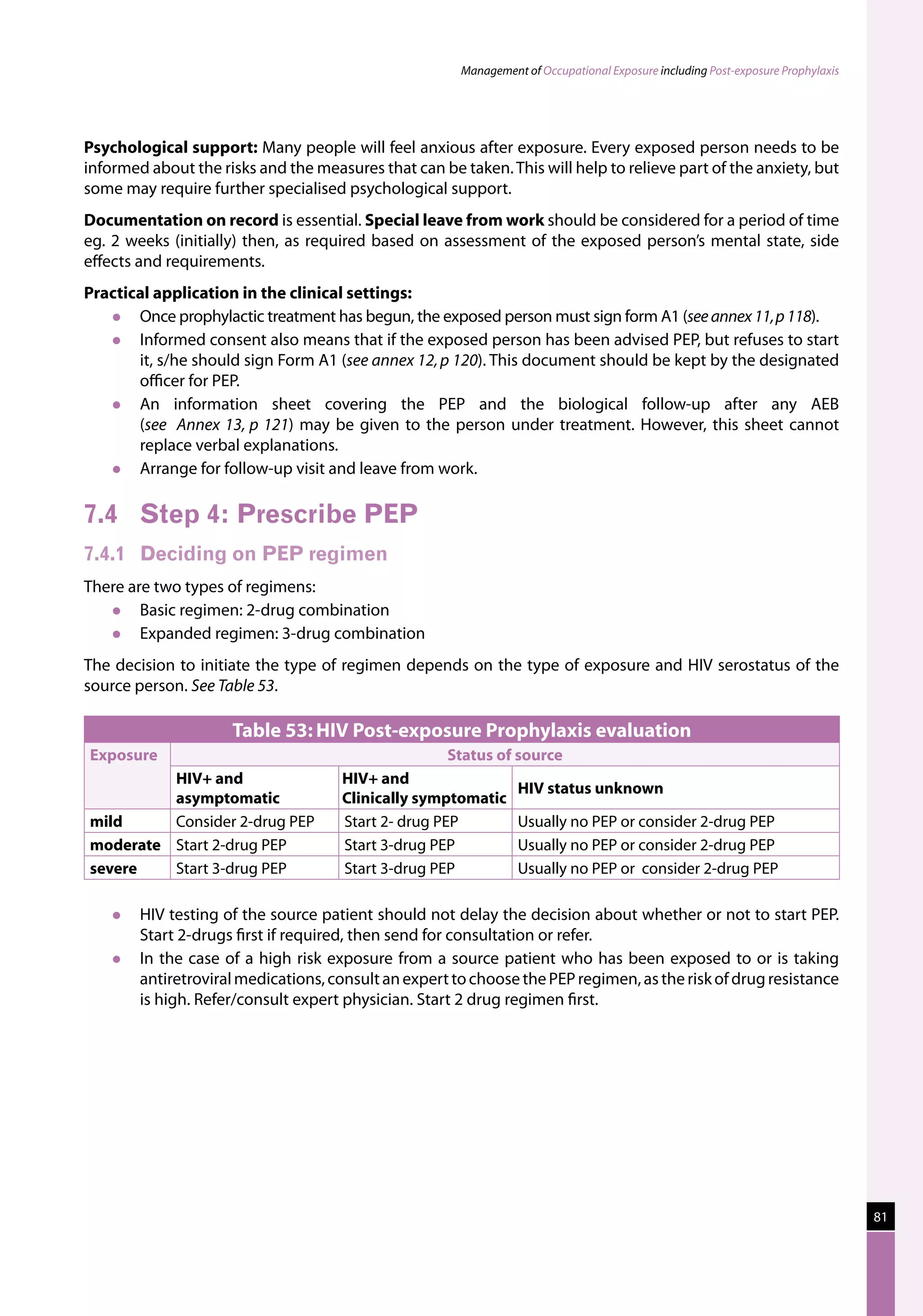 Management of Occupational Exposure including Post-exposure Prophylaxis




Psychological support: Many people will feel anxious after exposure. Every exposed person needs to be
informed about the risks and the measures that can be taken. This will help to relieve part of the anxiety, but
some may require further specialised psychological support.
Documentation on record is essential. Special leave from work should be considered for a period of time
eg. 2 weeks (initially) then, as required based on assessment of the exposed person’s mental state, side
effects and requirements.
Practical application in the clinical settings:
      Once prophylactic treatment has begun, the exposed person must sign form A1 (see annex 11, p 118).
      Informed consent also means that if the exposed person has been advised PEP, but refuses to start
       it, s/he should sign Form A1 (see annex 12, p 120). This document should be kept by the designated
       officer for PEP.
      An information sheet covering the PEP and the biological follow-up after any AEB
       (see Annex 13, p 121) may be given to the person under treatment. However, this sheet cannot
       replace verbal explanations.
      Arrange for follow-up visit and leave from work.

7.4	 Step 4: Prescribe PEP
7.4.1	 Deciding on PEP regimen
There are two types of regimens:
       Basic regimen: 2-drug combination
       Expanded regimen: 3-drug combination
The decision to initiate the type of regimen depends on the type of exposure and HIV serostatus of the
source person. See Table 53.

                     Table 53: HIV Post-exposure Prophylaxis evaluation
Exposure                                             Status of source
         HIV+ and                    HIV+ and
                                                               HIV status unknown
         asymptomatic                Clinically symptomatic
mild     Consider 2-drug PEP         Start 2- drug PEP         Usually no PEP or consider 2-drug PEP
moderate Start 2-drug PEP            Start 3-drug PEP          Usually no PEP or consider 2-drug PEP
severe   Start 3-drug PEP            Start 3-drug PEP          Usually no PEP or consider 2-drug PEP

       HIV testing of the source patient should not delay the decision about whether or not to start PEP.
        Start 2-drugs first if required, then send for consultation or refer.
       In the case of a high risk exposure from a source patient who has been exposed to or is taking
        antiretroviral medications, consult an expert to choose the PEP regimen, as the risk of drug resistance
        is high. Refer/consult expert physician. Start 2 drug regimen first.




                                                                                                                                 81
 