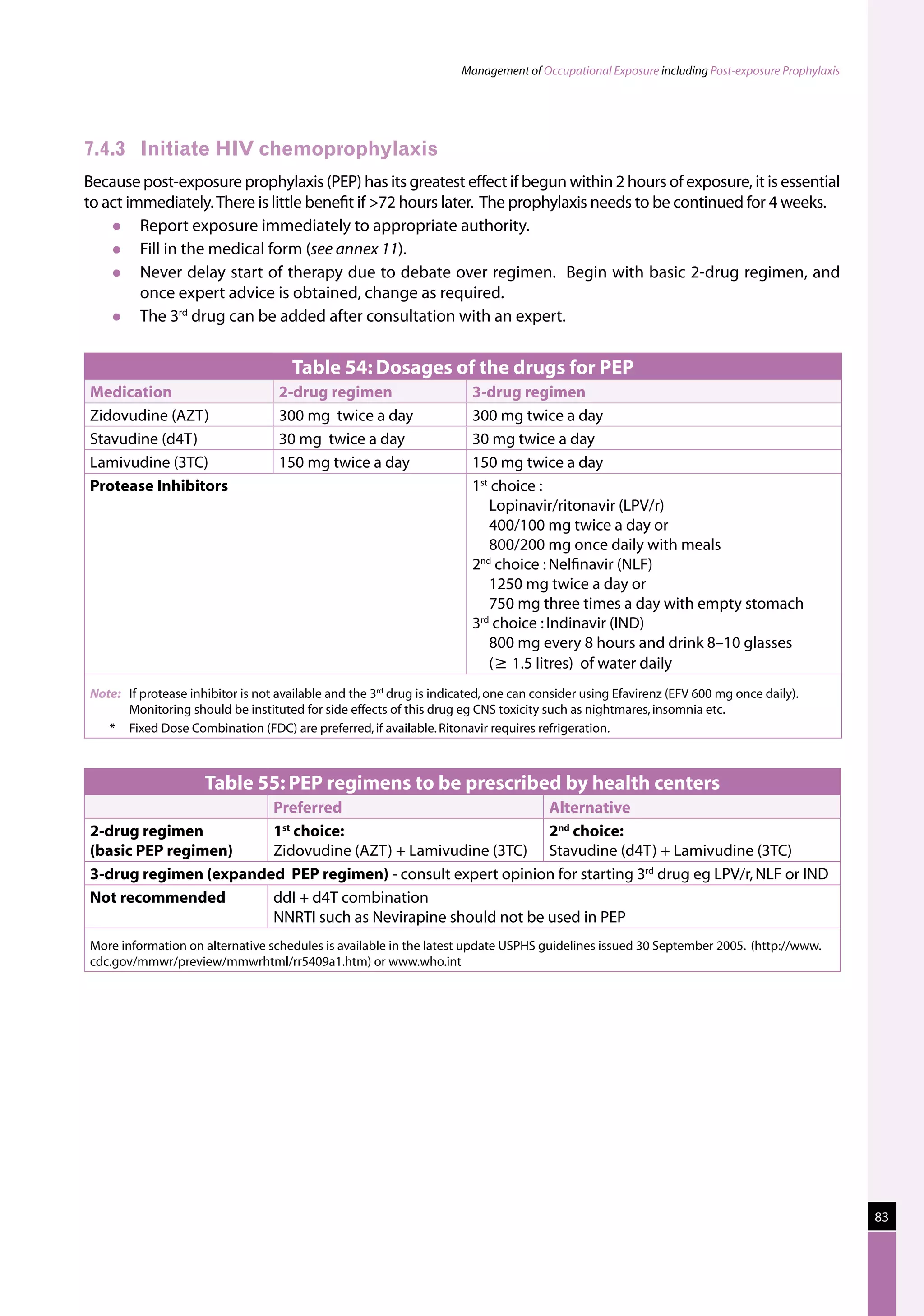 Management of Occupational Exposure including Post-exposure Prophylaxis




7.4.3	 Initiate HIV chemoprophylaxis
Because post-exposure prophylaxis (PEP) has its greatest effect if begun within 2 hours of exposure, it is essential
to act immediately. There is little benefit if 72 hours later. The prophylaxis needs to be continued for 4 weeks.
        Report exposure immediately to appropriate authority.
        Fill in the medical form (see annex 11).
        Never delay start of therapy due to debate over regimen. Begin with basic 2-drug regimen, and
         once expert advice is obtained, change as required.
        The 3rd drug can be added after consultation with an expert.


                                      Table 54: Dosages of the drugs for PEP
Medication                         2-drug regimen                       3-drug regimen
Zidovudine (AZT)                   300 mg twice a day                   300 mg twice a day
Stavudine (d4T)                    30 mg twice a day                    30 mg twice a day
Lamivudine (3TC)                   150 mg twice a day                   150 mg twice a day
Protease Inhibitors                                                     1st choice :
                                                                           Lopinavir/ritonavir (LPV/r)
                                                                           400/100 mg twice a day or
                                                                           800/200 mg once daily with meals
                                                                        2nd choice : Nelfinavir (NLF)
                                                                           1250 mg twice a day or
                                                                           750 mg three times a day with empty stomach
                                                                        3rd choice : Indinavir (IND)
                                                                           800 mg every 8 hours and drink 8–10 glasses
                                                                           (³ 1.5 litres) of water daily
Note:	 If protease inhibitor is not available and the 3rd drug is indicated, one can consider using Efavirenz (EFV 600 mg once daily).
       Monitoring should be instituted for side effects of this drug eg CNS toxicity such as nightmares, insomnia etc.
   *	 Fixed Dose Combination (FDC) are preferred, if available. Ritonavir requires refrigeration.



                     Table 55: PEP regimens to be prescribed by health centers
                       Preferred                              Alternative
2-drug regimen         1 choice:
                        st
                                                              2nd choice:
(basic PEP regimen)    Zidovudine (AZT) + Lamivudine (3TC) Stavudine (d4T) + Lamivudine (3TC)
3-drug regimen (expanded PEP regimen) - consult expert opinion for starting 3rd drug eg LPV/r, NLF or IND
Not recommended        ddI + d4T combination
                       NNRTI such as Nevirapine should not be used in PEP
More information on alternative schedules is available in the latest update USPHS guidelines issued 30 September 2005. (http://www.
cdc.gov/mmwr/preview/mmwrhtml/rr5409a1.htm) or www.who.int




                                                                                                                                                83
 