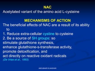 acetylcysteine glutathione mechanism Existing and potential therapeutic uses for N-acetylcysteine: The need for conversion to intracellular for antioxidant benefits nac glutathione pubmed N-Acetylcysteine (NAC):