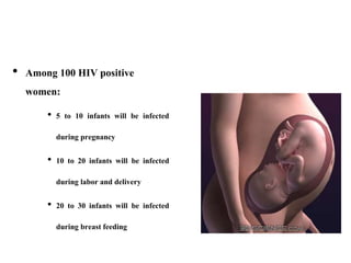 • Among 100 HIV positive
women:
• 5 to 10 infants will be infected
during pregnancy
• 10 to 20 infants will be infected
during labor and delivery
• 20 to 30 infants will be infected
during breast feeding
 