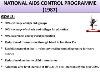 NATIONAL AIDS CONTROL PROGRAMME
(1987)
GOALS:
• 80% coverage of high risk groups
• 90% coverage of schools and colleges by education
• 80% awareness among rural population
• Reduction of transmission through blood to less than 1%
• Establishment of at least 1 voluntary testing counseling centre for every
district
• Reduction of mother to child transmission
• Achieving zero level increase of HIV/AIDS new infections by the year 2007.
 
