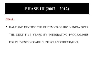 PHASE III (2007 – 2012)
GOAL:
• HALT AND REVERSE THE EPIDEMICS OF HIV IN INDIA OVER
THE NEXT FIVE YEARS BY INTEGRATING PROGRAMMES
FOR PREVENTION CARE, SUPPORT AND TREATMENT.
 