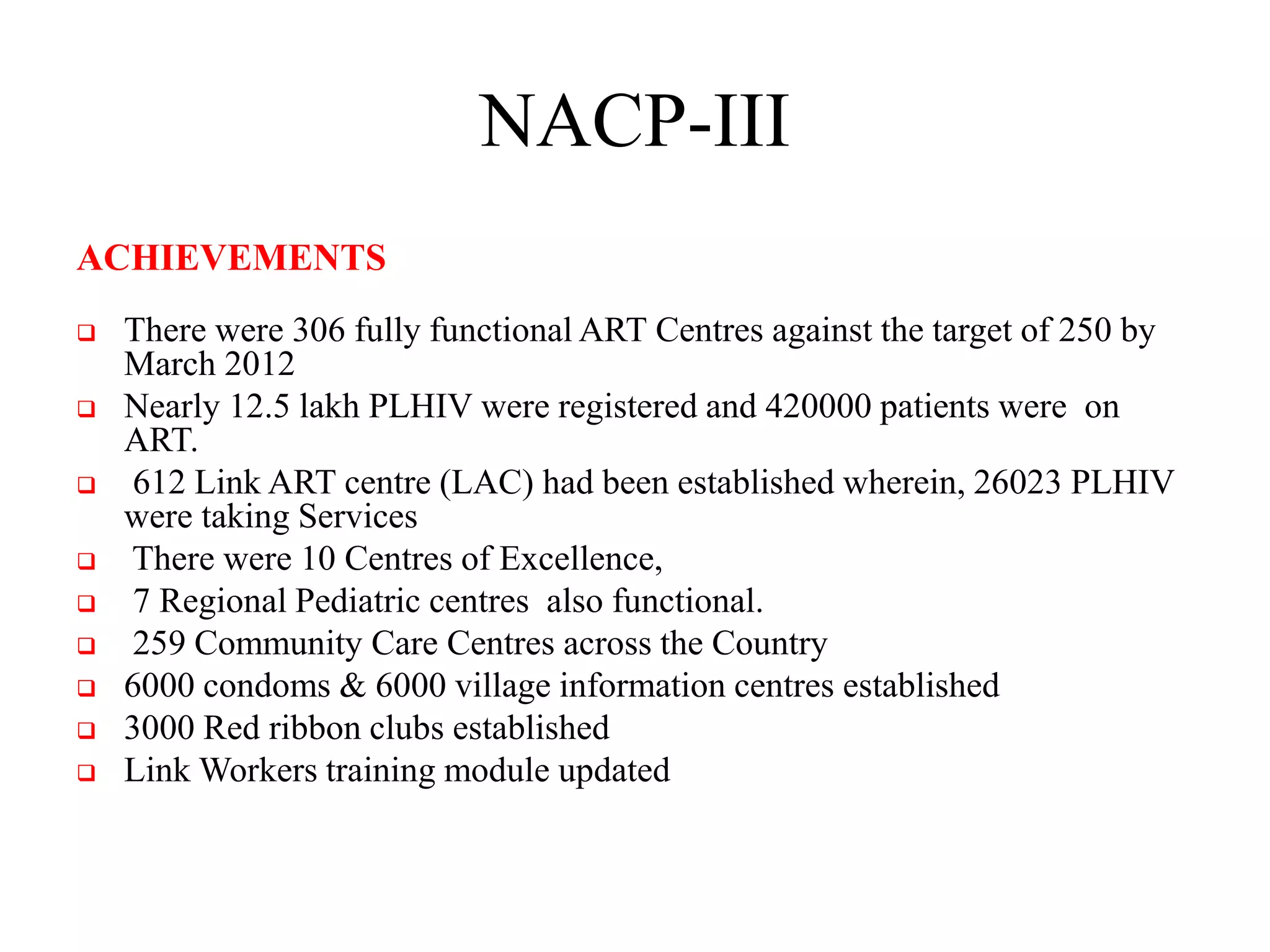 NACP-III
ACHIEVEMENTS
 There were 306 fully functional ART Centres against the target of 250 by
March 2012
 Nearly 12.5 lakh PLHIV were registered and 420000 patients were on
ART.
 612 Link ART centre (LAC) had been established wherein, 26023 PLHIV
were taking Services
 There were 10 Centres of Excellence,
 7 Regional Pediatric centres also functional.
 259 Community Care Centres across the Country
 6000 condoms & 6000 village information centres established
 3000 Red ribbon clubs established
 Link Workers training module updated
 