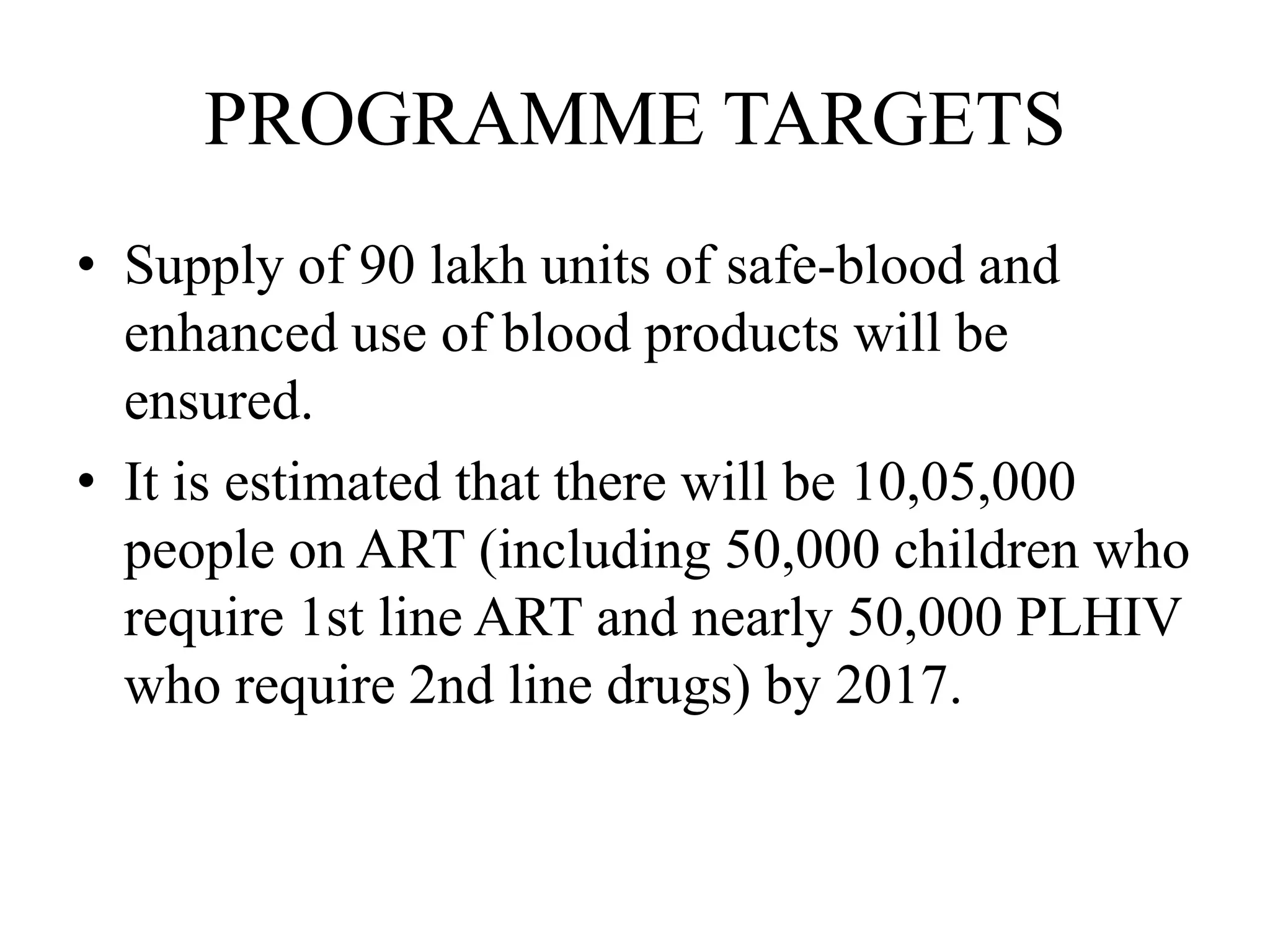 PROGRAMME TARGETS
• Supply of 90 lakh units of safe-blood and
enhanced use of blood products will be
ensured.
• It is estimated that there will be 10,05,000
people on ART (including 50,000 children who
require 1st line ART and nearly 50,000 PLHIV
who require 2nd line drugs) by 2017.
 