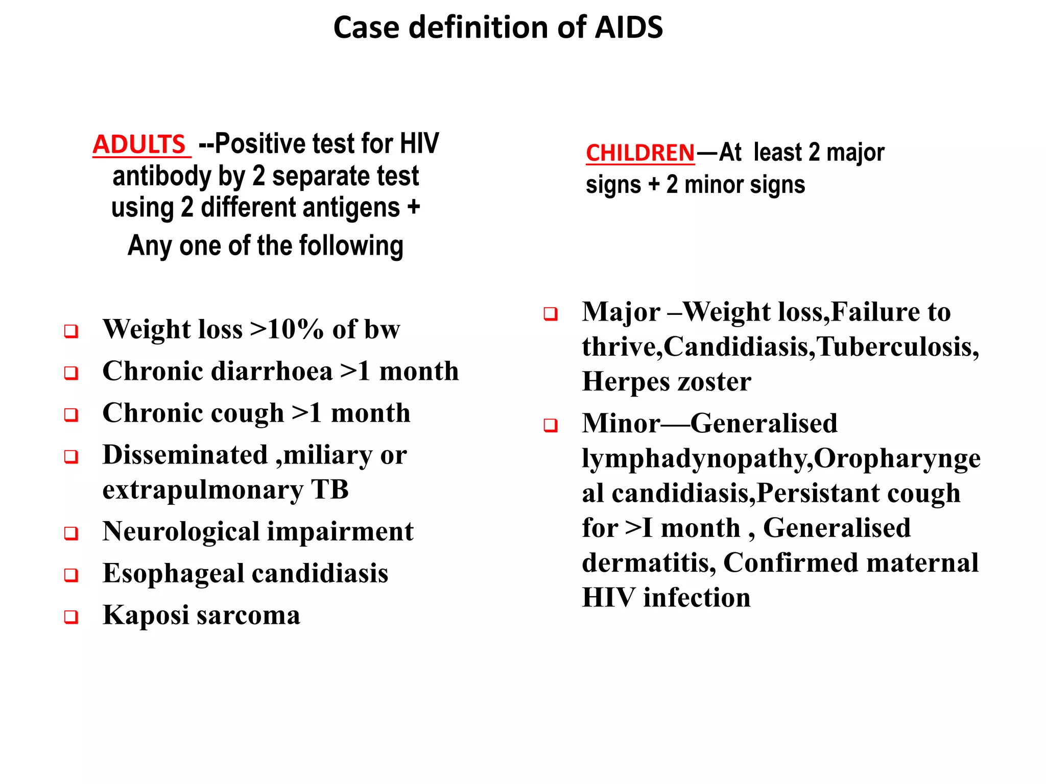 ADULTS --Positive test for HIV
antibody by 2 separate test
using 2 different antigens +
Any one of the following
 Weight loss >10% of bw
 Chronic diarrhoea >1 month
 Chronic cough >1 month
 Disseminated ,miliary or
extrapulmonary TB
 Neurological impairment
 Esophageal candidiasis
 Kaposi sarcoma
 Major –Weight loss,Failure to
thrive,Candidiasis,Tuberculosis,
Herpes zoster
 Minor—Generalised
lymphadynopathy,Oropharynge
al candidiasis,Persistant cough
for >I month , Generalised
dermatitis, Confirmed maternal
HIV infection
CHILDREN—At least 2 major
signs + 2 minor signs
Case definition of AIDS
 