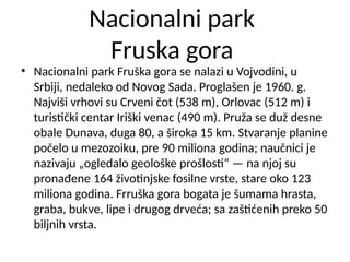 Nacionalni park
Fruska gora
• Nacionalni park Fruška gora se nalazi u Vojvodini, u
Srbiji, nedaleko od Novog Sada. Proglašen je 1960. g.
Najviši vrhovi su Crveni čot (538 m), Orlovac (512 m) i
turistički centar Iriški venac (490 m). Pruža se duž desne
obale Dunava, duga 80, a široka 15 km. Stvaranje planine
počelo u mezozoiku, pre 90 miliona godina; naučnici je
nazivaju „ogledalo geološke prošlosti“ — na njoj su
pronađene 164 životinjske fosilne vrste, stare oko 123
miliona godina. Frruška gora bogata je šumama hrasta,
graba, bukve, lipe i drugog drveća; sa zaštićenih preko 50
biljnih vrsta.
 