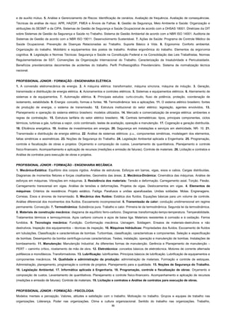 33
e de auxílio mútuo. 5. Análise e Gerenciamento de Riscos: Identificação de cenários. Avaliação de frequência. Avaliação de consequências.
Técnicas de análise de risco: APR, HAZOP, FMEA e Árvore de Falhas. 6. Gestão de Segurança, Meio Ambiente e Saúde: Organização e
atribuições do SESMT e da CIPA. Sistemas de Gestão de Segurança e Saúde Ocupacional de acordo com a OHSAS 18001. Diretrizes da OIT
sobre Sistemas de Gestão da Segurança e Saúde no Trabalho. Sistema de Gestão Ambiental de acordo com a NBR ISO 14001. Auditoria de
Sistemas de Gestão de acordo com a NBR ISO 19011. Desenvolvimento Sustentável. 7. Ações de Saúde: Programa de Controle Médico de
Saúde Ocupacional. Prevenção de Doenças Relacionadas ao Trabalho. Suporte Básico à Vida. 8. Ergonomia: Conforto ambiental.
Organização do trabalho. Mobiliário e equipamentos dos postos de trabalho. Análise ergonômica do trabalho. Elementos da ergonomia
cognitiva. 9. Legislação e Normas Técnicas: Segurança e Saúde na Constituição Federal e na Consolidação das Leis Trabalhistas. Normas
Regulamentadoras de SST. Convenções da Organização Internacional do Trabalho. Caracterização da Insalubridade e Periculosidade.
Benefícios previdenciários decorrentes de acidentes do trabalho. Perfil Profissiográfico Previdenciário. Sistema de normalização técnica
nacional.
PROFISSIONAL JÚNIOR ‐ FORMAÇÃO - ENGENHARIA ELÉTRICA
1. A conversão eletromecânica de energia. 2. A máquina elétrica: transformador, máquina síncrona, máquina de indução. 3. Geração,
transmissão e distribuição de energia elétrica. 4. Acionamentos e controles elétricos. 5. Sistemas e equipamentos elétricos. 6. Aterramento de
sistemas e de equipamentos. 7. Automação elétrica. 8. Principais estudos: curto‐circuito, fluxo de potência, proteção, coordenação de
isolamento, estabilidade. 9. Energia: conceito, formas e fontes. 10. Termodinâmica: leis e aplicações. 11. O sistema elétrico brasileiro: fontes
de produção de energia, o sistema de transmissão. 12. Estrutura institucional do setor elétrico: legislação, agentes envolvidos. 13.
Planejamento e operação do sistema elétrico brasileiro: modelos utilizados. 14. Mercado e comercialização de energia elétrica: ambientes e
regras de contratação. 15. Estrutura tarifária do setor elétrico brasileiro. 16. Centrais termelétricas: tipos, principais componentes, ciclos
térmicos, turbinas a gás, turbinas a vapor, ciclo combinado, testes de aceitação, operação e manutenção. 17. Cogeração e geração distribuída.
18. Eficiência energética. 19. Análise de investimentos em energia. 20. Segurança em instalações e serviços em eletricidade, NR‐ 10. 21.
Transmissão e distribuição de energia elétrica. 22. Análise de sistemas elétricos: p.u., componentes simétricas, modelagem dos elementos,
faltas simétricas e assimétricas. 23. Noções de Segurança do Trabalho. 24. Legislação Ambiental aplicada a Engenharia. 25. Programação,
controle e fiscalização de obras e projetos: Orçamento e composição de custos. Levantamento de quantitativos. Planejamento e controle
físico‐financeiro. Acompanhamento e aplicação de recursos (medições e emissão de faturas). Controle de materiais. 26. Licitação e contratos e
Análise de contratos para execução de obras e projetos.
PROFISSIONAL JÚNIOR - FORMAÇÃO - ENGENHARIA MECÂNICA
1. Mecânica-Estática: Equilíbrio dos corpos rígidos. Análise de estruturas. Esforços em barras, vigas, eixos e cabos. Cargas distribuídas.
Diagramas de momentos fletores e forças cisalhantes. Geometria das áreas. 2. Mecânica-Dinâmica: Cinemática das máquinas. Análise de
esforços em máquinas. Vibrações em máquinas. 3. Resistência dos materiais: Tensão e deformação. Carregamento axial. Torção. Flexão.
Carregamento transversal em vigas. Análise de tensões e deformações. Projetos de vigas. Deslocamentos em vigas. 4. Elementos de
máquinas: Critérios de resistência. Projeto estático. Fadiga. Parafusos e uniões aparafusadas. Uniões soldadas. Molas. Engrenagens.
Correias. Eixos e árvores de transmissão. 5. Mecânica dos fluídos: Estática dos fluídos. Equações básicas para um volume de controle.
Análise diferencial dos movimentos dos fluídos. Escoamento incompressível. 6. Transmissão de calor: condução unidimensional em regime
permanente. Convecção. 7. Termodinâmica: Substância pura. Trabalho e calor. Primeira lei da termodinâmica. Segunda lei da termodinâmica.
8. Materiais de construção mecânica: diagrama de equilíbrio ferro-carbono. Diagramas transformação-tempo-temperatura. Temperabilidade.
Tratamentos térmicos e termoquímicos. Aços carbono comuns e aços de baixa liga. Materiais resistentes à corrosão e à oxidação. Ferros
fundidos. 9. Tecnologia mecânica: Fundição. Conformação mecânica. Usinagem. Soldagem. Ensaios de materiais-destrutivos e não
destrutivos. Inspeção dos equipamentos – técnicas de inspeção. 10. Máquinas hidráulicas: Propriedades dos fluídos. Escoamento de fluídos
em tubulações. Classificação e características de bombas. Turbombas, classificação, características e componentes. Seleção e especificação
de bombas. Desempenho da bomba centrífuga-curvas características. Testes, instalação, operação e manutenção de bombas. Instalações de
bombeamento. 11. Manutenção: Manutenção Industrial. As diferentes formas de manutenção. Gerência e Planejamento de manutenção –
PERT – caminho crítico, nivelamento de mão de obra. 12. Eletrotécnica: conceitos básicos de eletrotécnica. Motores de corrente alternada
polifásicos e monofásicos. Transformadores. 13. Lubrificação: lubrificantes. Princípios básicos de lubrificação. Lubrificação de equipamentos e
componentes mecânicos. 14. Qualidade e administração da produção: administração de materiais. Formação e controle de estoques.
Administração, planejamento, programação e controle de projetos. Planejamento para a qualidade. 15. Noções de Segurança do Trabalho.
16. Legislação Ambiental. 17. Informática aplicada à Engenharia. 18. Programação, controle e fiscalização de obras: Orçamento e
composição de custos. Levantamento de quantitativos. Planejamento e controle físico-financeiro. Acompanhamento e aplicação de recursos
(medições e emissão de faturas). Controle de materiais. 19. Licitação e contratos e Análise de contratos para execução de obras.
PROFISSIONAL JÚNIOR - FORMAÇÃO - PSICOLOGIA
Modelos mentais e percepção. Valores, atitudes e satisfação com o trabalho. Motivação no trabalho. Grupos e equipes de trabalho nas
organizações. Liderança. Poder nas organizações. Clima e cultura organizacional. Sentido do trabalho nas organizações. Trabalho,
 
