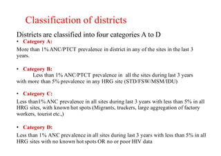 Classification of districts
Districts are classified into four categories A to D
• Category A:
More than 1% ANC/PTCT prevalence in district in any of the sites in the last 3
years.
• Category B:
Less than 1% ANC/PTCT prevalence in all the sites during last 3 years
with more than 5% prevalence in any HRG site (STD/FSW/MSM/IDU)
• Category C:
Less than1% ANC prevalence in all sites during last 3 years with less than 5% in all
HRG sites, with known hot spots (Migrants, truckers, large aggregation of factory
workers, tourist etc.,)
• Category D:
Less than 1% ANC prevalence in all sites during last 3 years with less than 5% in all
HRG sites with no known hot spots OR no or poor HIV data
 