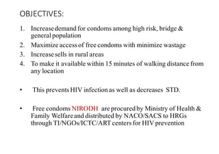 OBJECTIVES:
1. Increasedemand for condoms among high risk, bridge &
generalpopulation
2. Maximize accessof free condoms with minimize wastage
3. Increasesells in rural areas
4. To make it available within 15 minutes of walking distance from
any location
• This preventsHIV infection as well as decreases STD.
• Free condoms NIRODH are procured by Ministry of Health &
Family Welfareand distributed by NACO/SACS to HRGs
through TI/NGOs/ICTC/ART centersfor HIV prevention
 