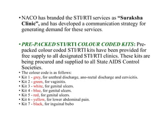 •NACO has branded the STI/RTI services as “Suraksha
Clinic”, and has developed a communication strategy for
generating demand for these services.
•PRE-PACKED STI/RTI COLOUR CODED KITS: Pre-
packed colour coded STI/RTI kits have been provided for
free supply to all designated STI/RTI clinics. These kits are
being procured and supplied to all State AIDS Control
Societies.
• The colour code is as follows:
• Kit 1 - grey, for urethral discharge, ano-rectal discharge and cervicitis.
• Kit 2 - green, for vaginitis.
• Kit 3 - white, for genital ulcers.
• Kit 4 - blue, for genital ulcers.
• Kit 5 - red, for genital ulcers.
• Kit 6 - yellow, for lower abdominal pain.
• Kit 7 - black, for inguinal bubo
 
