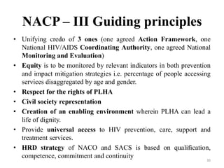 NACP – III Guiding principles
• Unifying credo of 3 ones (one agreed Action Framework, one
National HIV/AIDS Coordinating Authority, one agreed National
Monitoring and Evaluation)
• Equity is to be monitored by relevant indicators in both prevention
and impact mitigation strategies i.e. percentage of people accessing
services disaggregated by age and gender.
• Respect for the rights of PLHA
• Civil society representation
• Creation of an enabling environment wherein PLHA can lead a
life of dignity.
• Provide universal access to HIV prevention, care, support and
treatment services.
• HRD strategy of NACO and SACS is based on qualification,
competence, commitment and continuity
30

 