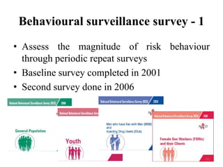 Behavioural surveillance survey - 1
• Assess the magnitude of risk behaviour
through periodic repeat surveys
• Baseline survey completed in 2001
• Second survey done in 2006

92

 