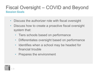 Fiscal Oversight – COVID and Beyond
Session Goals
• Discuss the authorizer role with fiscal oversight
• Discuss how to cre...