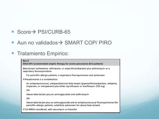  Score PSI/CURB-65 
 Aun no validados SMART COP/ PIRO 
 Tratamiento Empirico: 
 