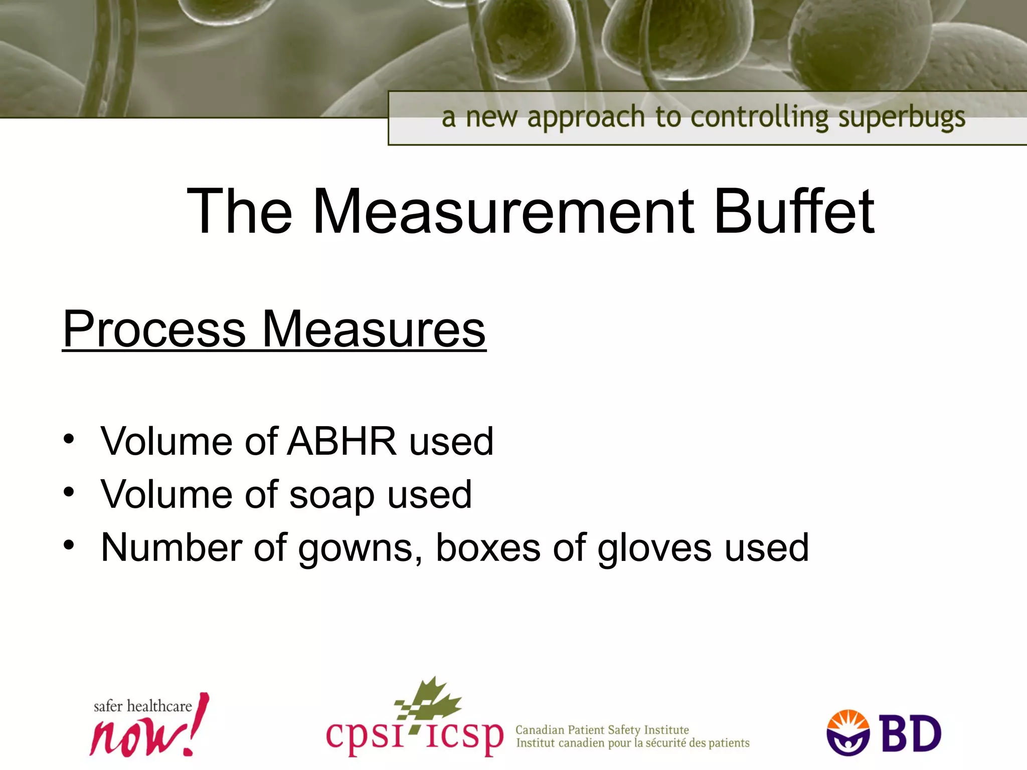 The Measurement Buffet
Process Measures
• Volume of ABHR used
• Volume of soap used
• Number of gowns, boxes of gloves used
 