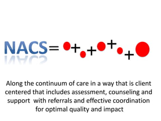 Along the continuum of care in a way that is client
centered that includes assessment, counseling and
 support with referrals and effective coordination
          for optimal quality and impact
 