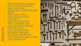 http://bit.ly/Design4Teams
https://aka.ms/InstallTeamsApp
Studio
http://bit.ly/TeamsSPFx
http://bit.ly/CBotDemo
http://bit.ly/TeamsDevLabs
http://bit.ly/FieldVisits
http://bit.ly/AzBotBuilder
https://www.luis.ai/
 