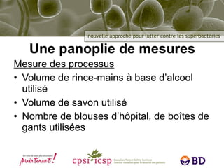 Une panoplie de mesures Mesure des processus Volume de rince-mains à base d’alcool utilisé Volume de savon utilisé Nombre de blouses d’hôpital, de boîtes de gants utilisées 