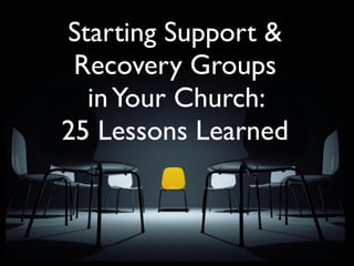 Starting Support &
 Recovery Groups
  in Your Church:
25 LessonsThM, LMFT
    Drew Jamieson,
                   Learned
     Todd Stanﬁeld, PhD, MSW
 