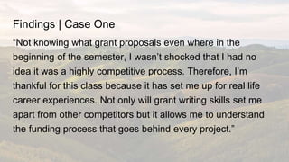 Findings | Case One
“Not knowing what grant proposals even where in the
beginning of the semester, I wasn’t shocked that I...