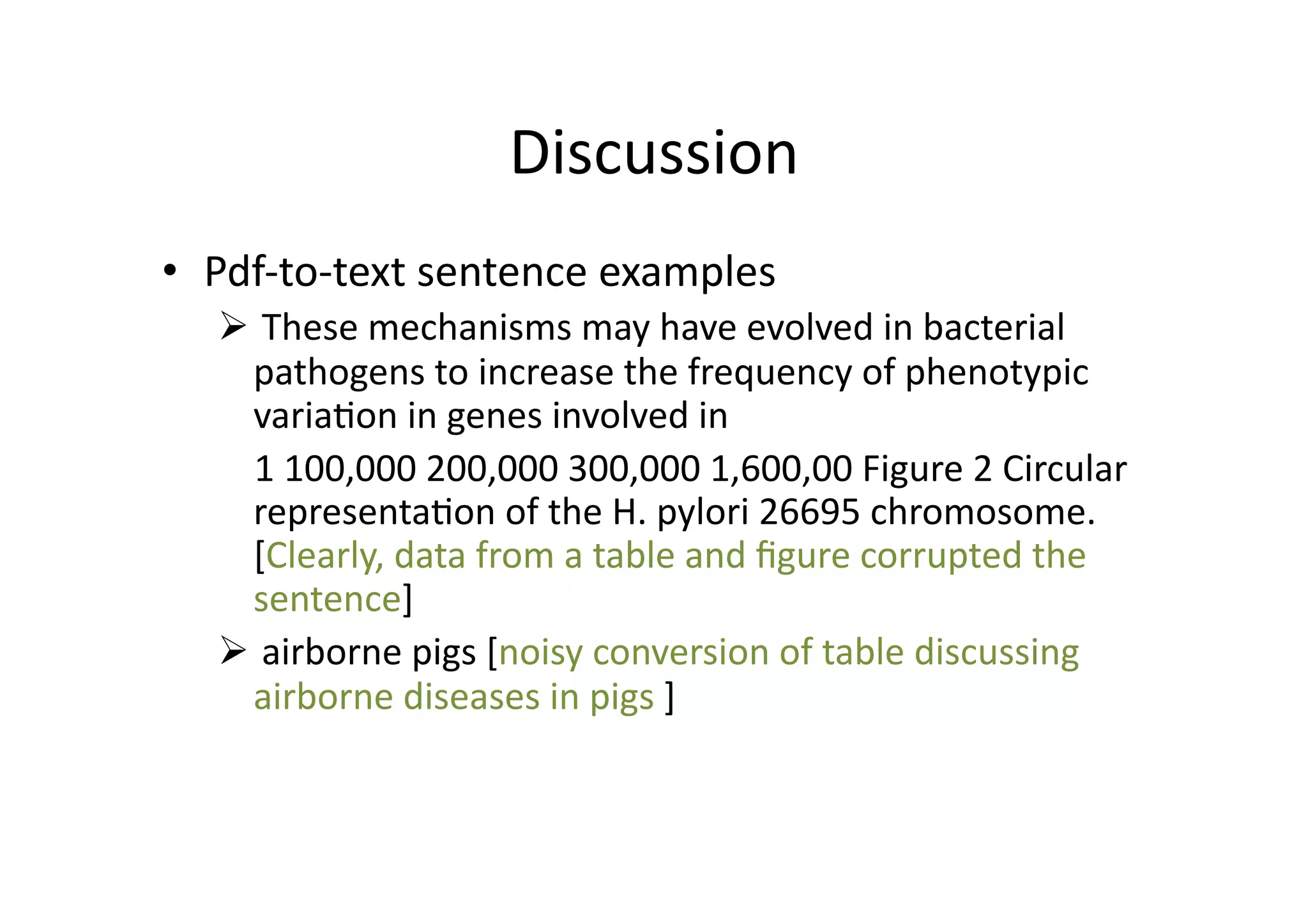 Discussion	
  
•  Pdf-­‐to-­‐text	
  sentence	
  examples	
  
     	
  These	
  mechanisms	
  may	
  have	
  evolved	
  in	
  bacterial	
  
                    pathogens	
  to	
  increase	
  the	
  frequency	
  of	
  phenotypic	
  
                    varia'on	
  in	
  genes	
  involved	
  in	
  
    	
  	
  	
  	
  1	
  100,000	
  200,000	
  300,000	
  1,600,00	
  Figure	
  2	
  Circular	
  
                    representa'on	
  of	
  the	
  H.	
  pylori	
  26695	
  chromosome.	
  
                    [Clearly,	
  data	
  from	
  a	
  table	
  and	
  ﬁgure	
  corrupted	
  the	
  
                    sentence]	
  
     	
  airborne	
  pigs	
  [noisy	
  conversion	
  of	
  table	
  discussing	
  
                    airborne	
  diseases	
  in	
  pigs	
  ]	
  
 