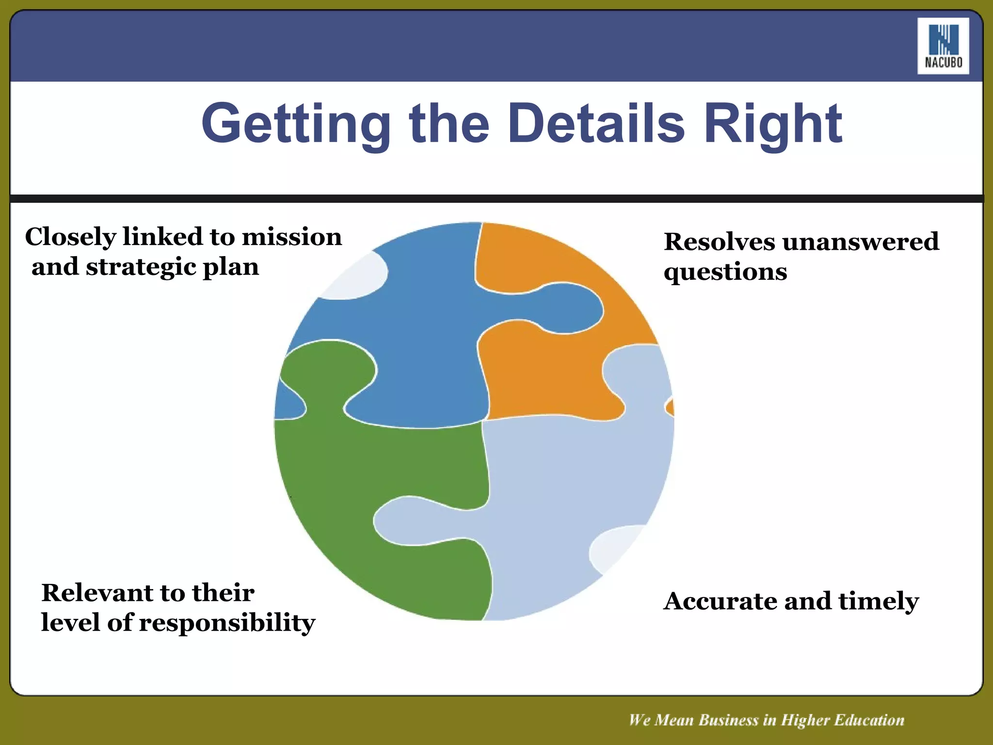 Getting the Details Right Closely linked to mission and strategic plan Resolves unanswered questions Relevant to their  level of responsibility Accurate and timely 