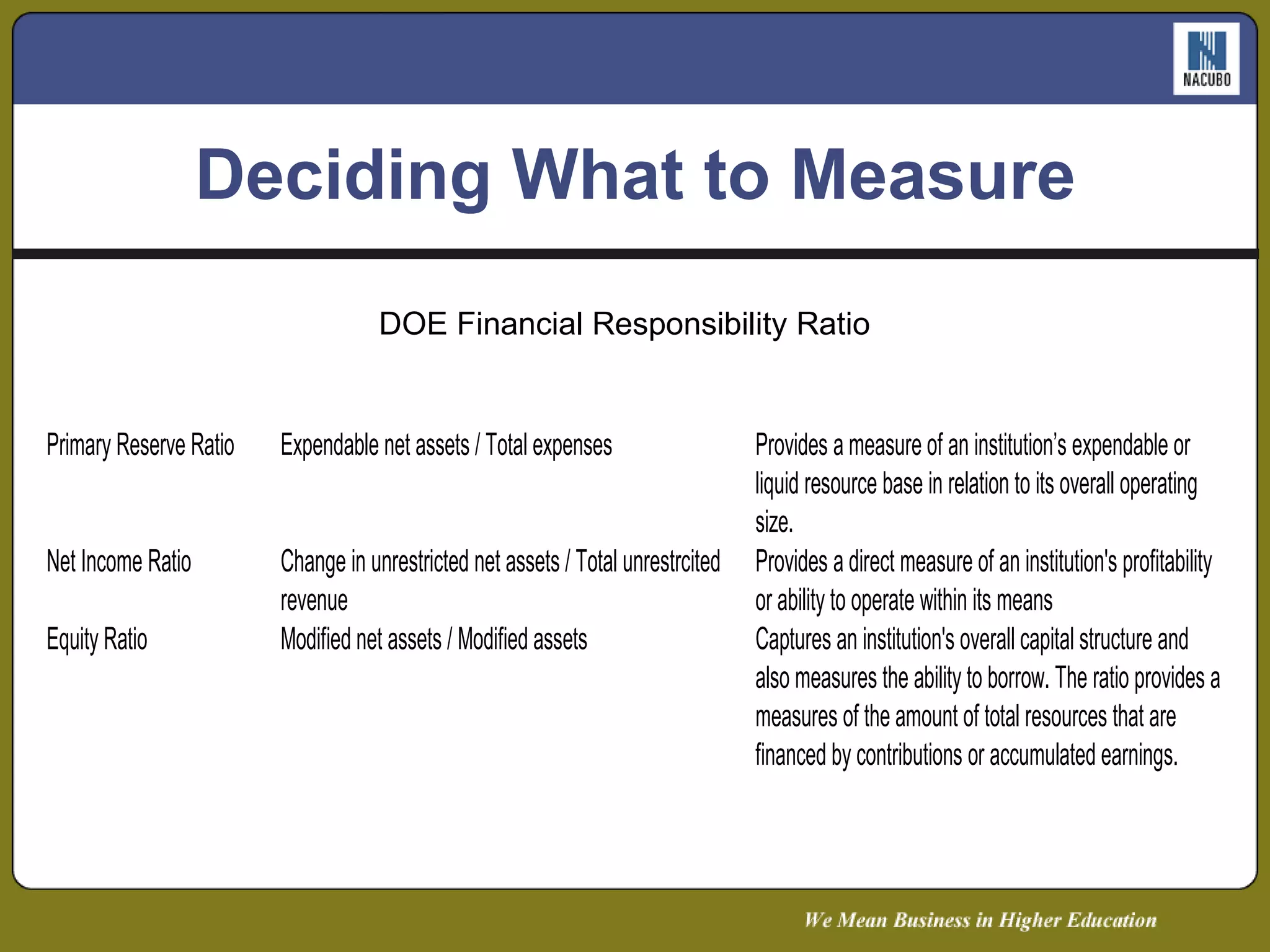 Deciding What to Measure DOE Financial Responsibility Ratio 