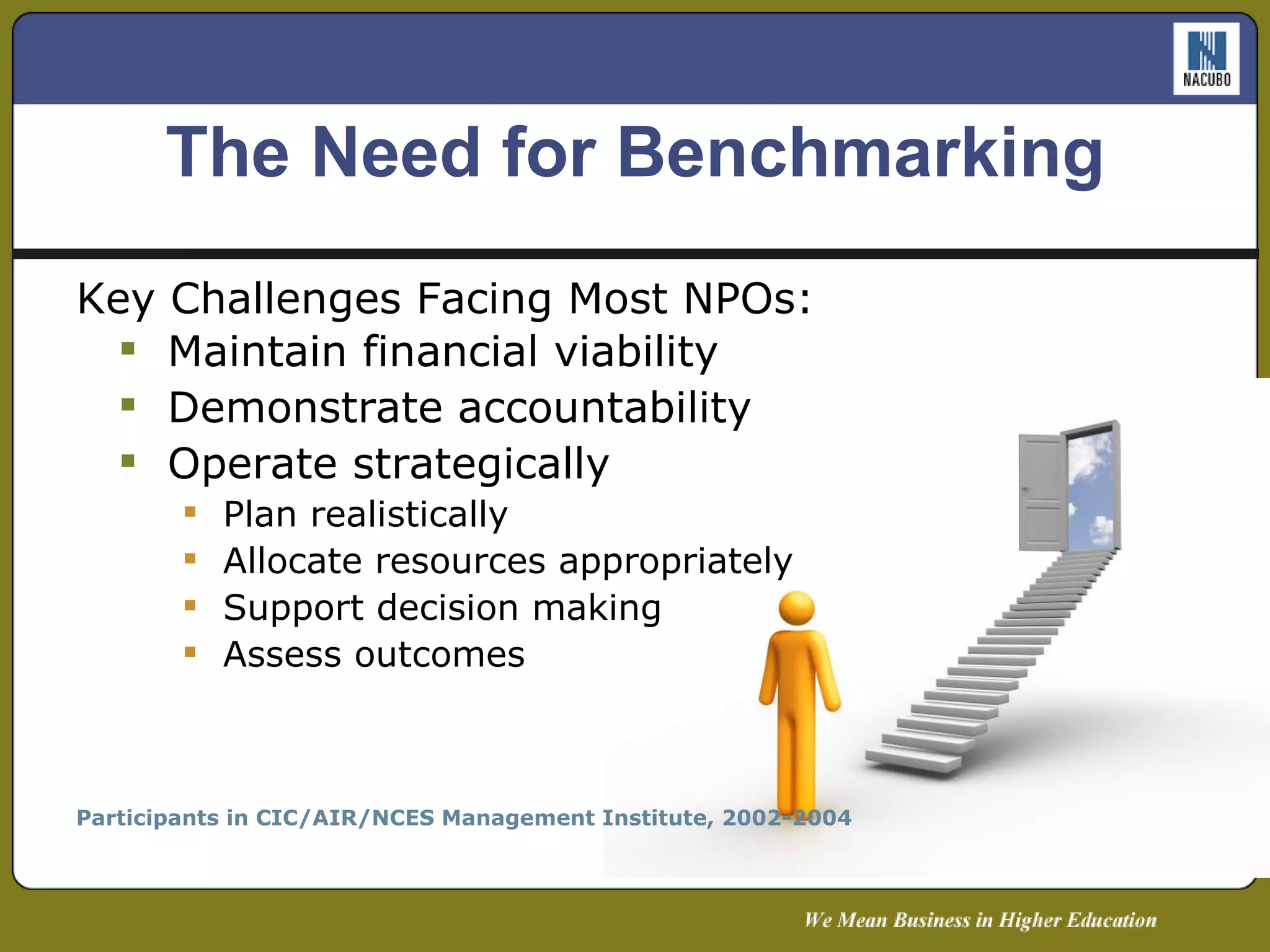 Maintain financial viability Demonstrate accountability Operate strategically Plan realistically Allocate resources appropriately Support decision making Assess outcomes Participants in CIC/AIR/NCES Management Institute, 2002-2004 Key Challenges Facing Most NPOs: The Need for Benchmarking 