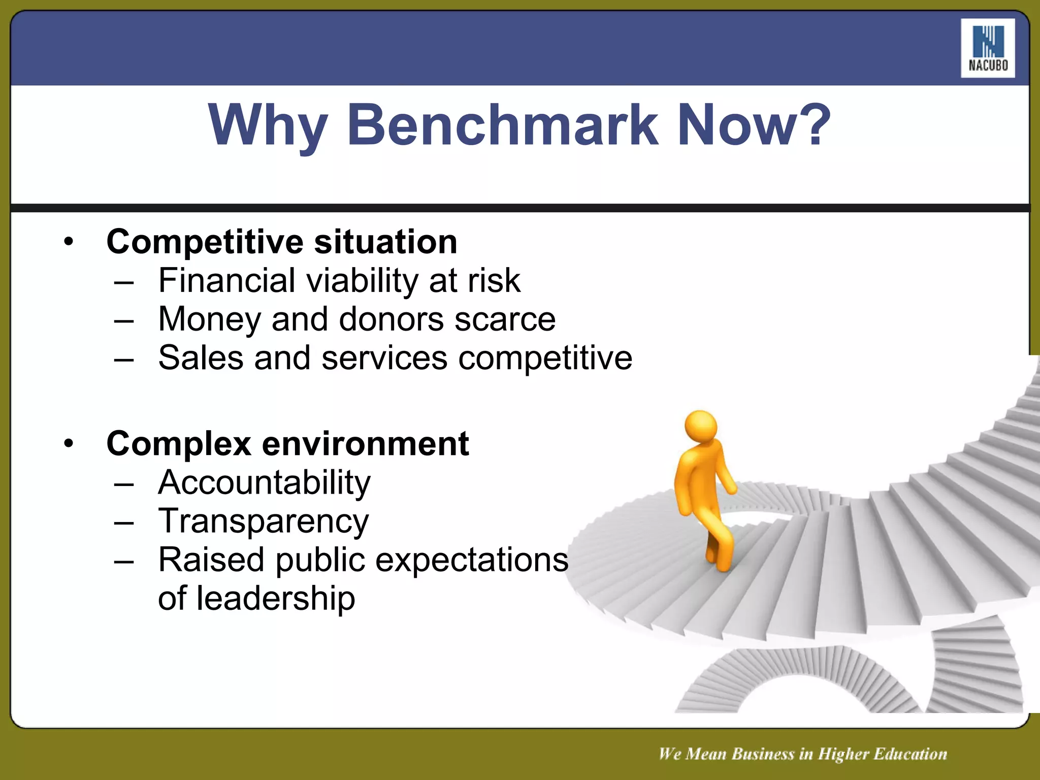 Competitive situation   Financial viability at risk  Money and donors scarce Sales and services competitive Complex environment Accountability Transparency Raised public expectations  of leadership Why Benchmark Now? 