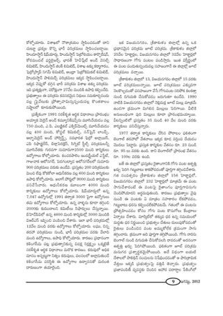 9 PQÆã¨∞ì, 2012
HÀÖ’ÊÜ«∂~°∞. qâßYÖ’ <ÒHÍ„â◊Ü«∞O ™ê÷Ñ≤OK«_»O`À ^•x
K«∞@∂ì „Ñ¨Hõ¯Å H˘xﬂ ÉèÏs Ñ¨i„â◊=∞Å∞ ™ê÷Ñ≤OK«|_®¤~Ú.
Ç≤ÏO^Œ∂™ê÷<£ +≤ÑπÜ«∂~°∞¤, Ç≤ÏO^Œ∞™ê÷<£ ÃÑ„’eÜ«∞O HÍ~˘Êˆ~+¨<£,
HÀ~°=∞O_»Öò Ñ¶¨iìÖˇ·[~üû, ÉèÏ~°`ü ÃÇÏg¿Ñ¡ò JO_£ "≥ã¨Öòû
eq∞>ˇ_£, Ç≤ÏO^Œ∞™ê÷<£ lOH± eq∞>ˇ_£, qâßY L‰õΩ¯ Hõ~å‡QÍ~°O,
ÃÑ¶„~À„™ê¯Ñπ xQÆ"£∞ eq∞>ˇ_£, PO„^è• ÃÑ„’ÔHq∞HõÖò eq∞>ˇ_£,
Ç≤ÏO^Œ∞™ê÷<£ áêe=∞~üû Ñ¨i„â◊=∞Å∞ WHõ¯_» ™ê÷Ñ≤OK«|_®¤~Ú.
WHõ¯_» K≥Ñ¨ÙÊHÀ ^Œyæ# ÉèÏs Ñ¨i„â◊=∞ qâßY L‰õΩ¯ Ñ¨i„â◊=∞.
Wk „Ñ¨`«ºHõ∆OQÍ, Ñ¨~ÀHõ∆OQÍ 27"ÕÅ =∞OkH˜ Láêkè HõeÊOKÕk.
„Ñ¨Éèí∞`åﬁÅ∞ D Ñ¨i„â◊=∞ Hõ=ã¨~°"≥∞ÿ# x^èŒ∞Å∞ ã¨=∞‰õÄ~°Û#O^Œ∞
=Å¡ ¢ÃÑ·"Õ@∞‰õΩ „áÈ`åûÇ¨Ïq∞ã¨∞Î#ﬂO^Œ∞=Å¡ H˘O`«HÍÅO
#ëêìÅÖ’ ‰õÄ~°∞‰õΩáÈ~ÚOk.
„Ñ¨`ÕºHõOQÍ 1991 ã¨~°mHõ$`« Pi÷Hõ q^è•<åÅ∞ „áê~°OÉèíO
JÜ«∂ºHõ "≥∞Ô~·<£ JO_£ Hõ=¸ºxˆH+¨<£û#∞ =¸ã≤"ÕÜ«∞_»O =Å¡
750 =∞Ok, Z.Ñ≤, ZÅ„H˜ìHõÖò ZH˜ﬁÑπ"≥∞Oòû =¸ã≤"ÕÜ«∞_»O
=Å¡ 400 =∞Ok, HÀã¨ìÖò ÔHq∞HõÖòû, ã¨<£Ã+·<£ ÖÏOÑπû,
PÖÏÊù"≥∞Ô~·<£ JO_£ Ç¨ Ô~ﬁãπìû, #=ÉèÏ~°`« ÃÑ¶„~À JÖÏ¡~Úãπ,
ZÑ≤ iá¶ê„Hõìsãπ, a~å¡ÃÑiÔH¡ãπ, ã≤ÔQﬂò ã‘ìÖòû Ñ¨i„â◊=∞Åhﬂ
=¸ã≤"Õ`«‰õΩ QÆ∞~°=QÍ ã¨∞=∂~°∞QÍ2500 =∞Ok HÍi‡‰õΩÅ∞
L^ÀºQÍÅ∞ HÀÖ’ÊÜ«∂~°∞. HõOK«~°áêÖˇO WO_»„ã‘ìÜ«∞Öò Z¿ãìò,
QÍA"åHõ P’#QÆ~ü, ÃÑ^ŒQÆOÏº_» P’#QÆ~üÅÖ’ ã¨∞=∂~°∞
900 Ñ¨i„â◊=∞Å∞ =~°∞‰õΩ LO_Õq. „Ñ¨ã¨∞Î`«O 200 Ñ¨i„â◊=∞Å‰õΩ
q∞Oz ÖË=Ù HÀHõHÀÖÏ P^èŒ∞hHõ~°} =Å¡ 600 =∞Ok HÍi‡‰õΩÅ∞
Láêkè HÀÖ’ÊÜ«∂~°∞. JÖÏˆQ áÈ~°∞ìÖ’ 9000 =∞Ok HÍi‡‰õΩÅ∞
Ñ¨xKÕ¿ã"å~°∞. P^èŒ∞hHõ~°} =¸ÅOQÍ 4000 =∞Ok
HÍi‡‰õΩÅ∞ L^ÀºQÍÅ∞ HÀÖ’ÊÜ«∂~°∞. +≤ÑπÜ«∂~°∞¤Ö’ L#ﬂ
7,047 L^ÀºQÆ∞Ö’¡ 1991 `«~åﬁ`« 3000 ÃÑ·QÍ L^ÀºQÆ∞Å∞
`«=∞ L^ÀºQÍÅ∞ HÀÖ’ÊÜ«∂~°∞. L#ﬂ "åà◊§#∞ ‰õÄ_® `«yæOz
2000‰õΩ ‰õΩkOKåÅx Hõq∞©Å∞ ã≤á¶ê~°∞ûÅ∞ KÕã¨∞Î<åﬂ~Ú.
aÃÇÏKüÑ≤qÖ’ L#ﬂ 4600 =∞Ok HÍi‡‰õΩÖ’¡ 3000 =∞OkH˜
qP~üZãπ WÑ≤ÊOz Ñ¨OÑ≤Oz "Õâß~°∞. WÖÏ ÉèÏs Ñ¨i„â◊=∞Ö’¡
12"ÕÅ =∞Ok =~°‰õΩ L^ÀºQÍÅ∞ HÀÖ’ÊÜ«∂~°∞. ÅÑ¶¨Ú, z#ﬂ
`«~°Ç¨ Ñ¨i„â◊=∞Å∞ #∞O_ç, ÉèÏs Ñ¨i„â◊=∞Å =~°‰õΩ "ÕÖÏk
=∞Ok L^ÀºQÍÅ∞, Láêkè HÀÖ’ÊÜ«∂~°∞. HÍ~°}O „Ñ¨^è•#OQÍ
HõoOQÆã‘=∞ Ñ¨@¡ „Ñ¨Éèí∞`åﬁx‰õΩ#ﬂ q=Hõ∆ x~°¡Hõ∆ ºO XHõ¯>ˇÿ`Õ
ã¨~°mHõ$`« Pi÷Hõ q^è•<åÅ∞ =∞~˘Hõ HÍ~°}O. Hõ~°∞=ÙÖ’ JkèHõ
=∂ã¨O J#ﬂ@∞ìQÍ x`«ºO Hõ~°∞=ÙÅ∞, =Åã¨ÅÖ’ JÖÏ¡_»∞`«∞O_Õ
HõoOQÆã‘=∞ Ñ¨iã≤÷u D L^ÀºQÍÅ L^•ﬁã¨#`À =∞iO`«
^•~°∞}OQÍ `«Ü«∂Ô~·Ok.
WHõ q[Ü«∞#QÆ~°O, „jHÍ‰õΩà◊O lÖÏ¡Ö’¡ L#ﬂ XHõ
„Ñ¨^è•#"≥∞ÿ# Ñ¨i„â◊=∞ Eò Ñ¨i„â◊=∞. „jHÍ‰õΩà◊O lÖÏ¡Ö’
25"ÕÅ ÃÇÏHÍì~°¡Å, q[Ü«∞#QÆ~°O lÖÏ¡Ö’ 32"ÕÅ ÃÇÏHÍì~°¡Ö’
™ê^è•~°}OQÍ QÀQÆ∞ Ñ¨O@Å Ñ¨O_ç™êÎ~°∞. WO`« qã‘Î~°‚OÖ’
D Ñ¨O@ Ñ¨O_»∞`«∞#ﬂO^Œ∞=Å¡ ã¨Ç¨Ï[OQÍ<Õ D lÖÏ¡Ö’¡ Eò
Ñ¨i„â◊=∞Å∞ =KåÛ~Ú.
„jHÍ‰õΩà◊O lÖÏ¡Ö’ 13, q[Ü«∞#QÆ~°O lÖÏ¡Ö’ 15 =~°‰õΩ
Eò Ñ¨i„â◊=∞Å∞<åﬂ~Ú. Eò Ñ¨i„â◊=∞Å∞ Z‰õΩ¯=QÍ
<≥ÅH˘ÅÊ_»O`À Ñ¨ã¨Ç¨Ï[OQÍ "Õ¿ã QÀQÆ∞Ñ¨O@ ã¨iáÈHõ HõÅHõ`åÎ
#∞O_ç kQÆ∞=∞u KÕã¨∞HÀ=_»O [~°∞QÆ∞`«∂ LO_Õk. 1990
<å˜H˜ q[Ü«∞#QÆ~°O lÖÏ¡Ö’ <≥e¡=∞~°¡ Eò q∞Å∞¡ =∂„`«"Õ∞
LO_»QÍ „Hõ=∞OQÍ q∞ye# q∞Å∞¡Å∞ ÃÑiQÍ~Ú. g˜H˜
J#∞|O^èŒOQÍ Ñ¨Ùi q∞Å∞¡Å∞ ‰õÄ_® „áê~°OÉèí=∞Ü«∂º~Ú.
g@xﬂO˜Ö’ „Ñ¨ã¨∞Î`«O 35 #∞O_ç 40 "ÕÅ =∞Ok =~°‰õΩ
HÍi‡‰õΩÅ∞ Ñ¨xKÕã¨∞Î<åﬂ~°∞.
1977 `«~åﬁ`« HÍi‡‰õΩÅ∞ KÕã≤# áÈ~å@O Ñ¶¨e`«OQÍ
ÉˇOQÍÖò `«~°Ç¨ Ö’ "Õ`«<åÅ∞ WHõ¯_» ‰õÄ_» =iÎOÑ¨ KÕÜ«∞_»O
"≥Ú^ŒÅ∞ ÃÑÏì~°∞. „Ñ¨ã¨∞Î`« HÍi‡‰õΩÅ "Õ`«#O ~°∂. 23 #∞O_ç
~°∂. 95 Å∞ =~°‰õΩ LOk. HÍx ÉˇOQÍÖòÖ’ „áê~°OÉèí "Õ`«#O
~°∂. 100Å =~°‰õΩ LOk.
S`Õ D lÖÏ¡Ö’ „Ñ¨ã¨∞Î`«O Ô~·`åOQÍxH˜ QÀQÆ∞ Ñ¨O@ L`«ÊuÎ
Y~°∞Û ÃÑiy y@∞ìÉÏ@∞ HÍHõáÈ=_»O`À Ñ¨ÓiÎQÍ `«yæOz"Õâß~°∞.
QÆ`« ã¨O=`«û~°O „jHÍ‰õΩà◊O lÖÏ¡Ö’ 156 ÃÇÏHÍì~°¡Ö’,
q[Ü«∞#QÆ~°O lÖÏ¡Ö’ 232 ÃÇÏHÍì~°¡Ö’ =∂„`«"Õ∞ D Ñ¨O@
™êQÆ∞KÕâß~°O>Ë D Ñ¨O@ÃÑ· Ô~·`åOQÆO Ñ¨ÓiÎQÍqã¨∞QÆ∞
K≥OkáÈÜ«∂~°x J~°÷=∞=Ù`«∞Ok. HÍ~°}O „Ñ¨Éèí∞`åﬁÅ "≥·Ñ¨Ù
#∞O_ç D Ñ¨O@‰õΩ U =∂„`«O ã¨Ç¨ÏHÍ~°O ÖËHõáÈ=_»O,
y@∞ìÉÏ@∞ ^èŒ~°#∞ HõeÊOK«ÖËHõáÈ=@"Õ∞. QÆ`«OÖ’ D Ñ¨O@#∞
„áÈ`«ûÇ≤ÏOK«_»O HÀã¨O QÀQÆ∞ Ñ¨O@ H˘#∞QÀÅ∞ ˆHO„^•Å∞
U~åÊ@∞ KÕâß~°∞. =∂Ô~¯òÖ’ `«‰õΩ¯= ^èŒ~° L#ﬂ ã¨=∞Ü«∞OÖ’
=∞^ŒÌ`«∞ ^èŒ~° x~°‚~ÚOz „Ñ¨Éèí∞`«ﬁO KÕ`«∞Å∞ ^Œ∞Å∞Ñ¨ÙHÀ=_»O`À
Ô~·`«∞Å∞ Ñ¨O_ç~z# Ñ¨O@ J=Ú‡HÀÖËHõ „Hõ=∞OQÍ ™êQÆ∞
`«yæOKå~°∞. „Hõ=∞OQÍ Jk Ñ¨ÓiÎQÍ `«yæáÈ~ÚOk. QÀQÆ∞ <å~°#∞
ÉˇOQÍÖò #∞O_ç kQÆ∞=∞u KÕã¨∞HÀ=Åã≤ ~å=_»O`À J^Œ#OQÍ
L`«ÊuÎ Y~°∞Û ÃÑiyáÈ~ÚOk. Ñ¶¨e`«OQÍ Eò Ñ¨i„â◊=∞
=∞#∞QÆ_» „Ñ¨âßﬂ~°÷Hõ"≥∞ÿáÈ~ÚOk. J^Õ q^èŒOQÍ |Ü«∞˜
^ÕâßÅÖ’ áêekä<£ ã¨OK«∞Å#∞ x¿+kèOK«_»O`À P áêi„âßq∞Hõ
"Õ`«ÎÅ∞ WHõ¯_ç „Ñ¨Éèí∞`«ﬁOÃÑ· =uÎ_ç `≥KåÛ~°∞. „Ñ¨Éèí∞`«ﬁO
„Ñ¨*ÏÑ¨OÑ≤}© =º=ã¨÷‰õΩ K≥Ok# PÇ¨ ~° Ñ¨^•~å÷Å ¿ÑH˜OQ∑Ö’
 