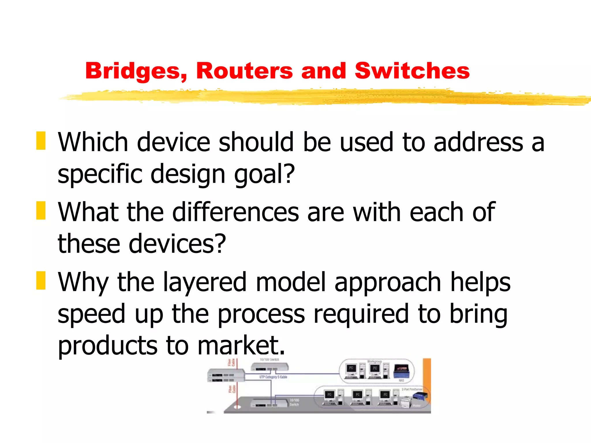 Bridges, Routers and Switches Which device should be used to address a specific design goal? What the differences are with each of these devices? Why the layered model approach helps speed up the process required to bring products to market. 