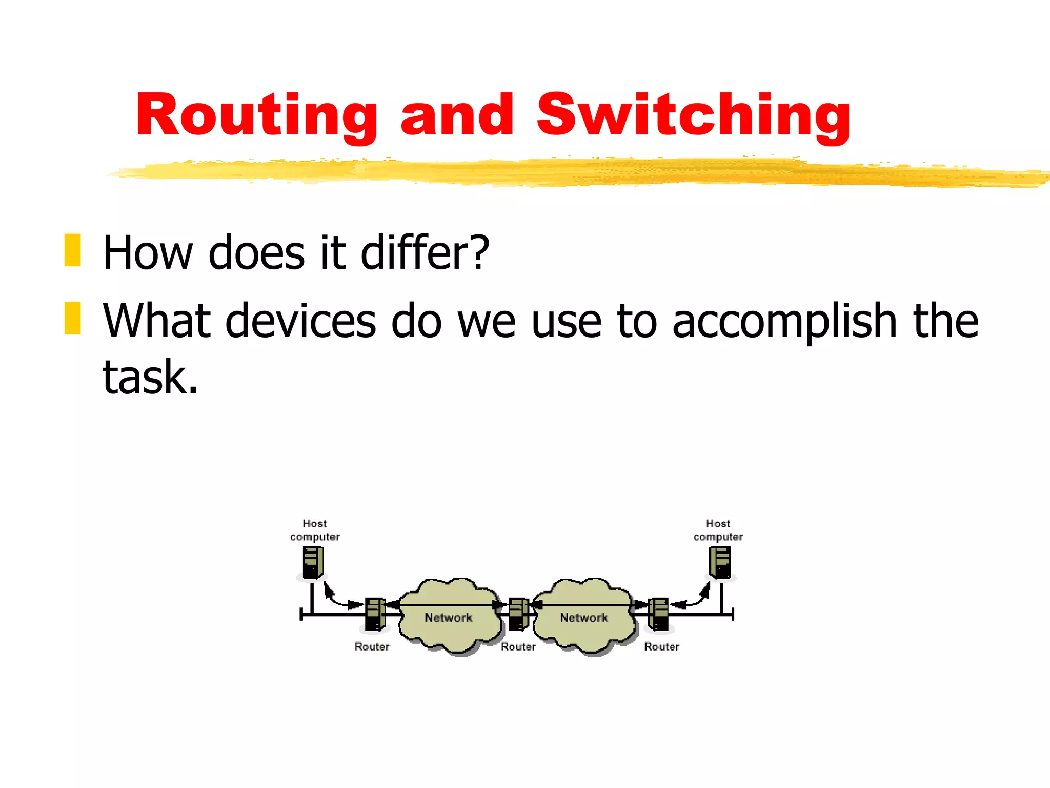 Routing and Switching How does it differ? What devices do we use to accomplish the task. 