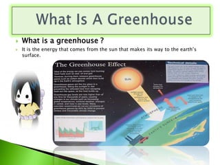    What is a greenhouse ?
   It is the energy that comes from the sun that makes its way to the earth’s
    surface.
 