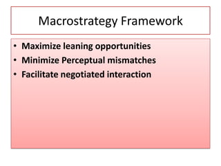 Macrostrategy Framework
• Maximize leaning opportunities
• Minimize Perceptual mismatches
• Facilitate negotiated interaction
 