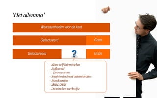 Het dilemma
              Werkzaamheden voor de klant


              Gefactureerd                              Gratis


      Gefactureerd                                      Gratis

                     - Klant zelf laten boeken
                     - Zelflerend
                     - 1 Bronsysteem
                     - Setup/onderhoud administraties
                     - Standaarden
                     - XBRL/SBR
                     - Doorbreken werkwijze
 