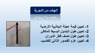 ‫التجربة‬ ‫من‬ ‫الهدف‬
1
-
‫األرضية‬ ‫الجاذبية‬ ‫عجلة‬ ‫قيمة‬ ‫تعيين‬
2
-
‫المكافئ‬ ‫البسيط‬ ‫البندول‬ ‫طول‬ ‫تعيين‬
3
-
‫الدوران‬ ‫قطر‬ ‫نصف‬ ‫طول‬ ‫تعيين‬
4
-
‫للقضيب‬ ‫الذاتي‬ ‫القصور‬ ‫عزم‬ ‫تعيين‬
 