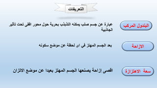 ‫المركب‬ ‫البندول‬
‫االزاحة‬
‫االهتزازة‬ ‫سعة‬
‫محور‬ ‫حول‬ ‫بحرية‬ ‫التذبذب‬ ‫يمكنه‬ ‫صلب‬ ‫جسم‬ ‫عن‬ ‫عبارة‬
‫افقى‬
‫ت‬ ‫تحت‬
‫أثير‬
‫الجاذبية‬
‫في‬ ‫المهتز‬ ‫الجسم‬ ‫بعد‬
‫اى‬
‫سكونه‬ ‫موضع‬ ‫عن‬ ‫لحظة‬
‫االتزان‬ ‫موضع‬ ‫عن‬ ‫بعيدا‬ ‫المهتز‬ ‫الجسم‬ ‫يصنعها‬ ‫إزاحة‬ ‫اقصى‬
 