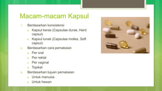 Macam-macam Kapsul
1. Berdasarkan konsistensi
a. Kapsul keras (Capsulae durae, Hard
capsul)
b. Kapsul lunak (Capsulae molles, Soft
capsul)
2. Berdasarkan cara pemakaian
a. Per oral
b. Per rektal
c. Per vaginal
d. Topikal
3. Berdasarkan tujuan pemakaian
a. Untuk manusia
b. Untuk hewan
 