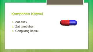 Komponen Kapsul
1. Zat aktiv
2. Zat tambahan
3. Cangkang kapsul
 