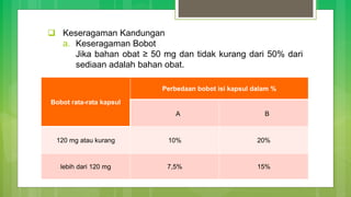 Bobot rata-rata kapsul
Perbedaan bobot isi kapsul dalam %
A B
120 mg atau kurang 10% 20%
lebih dari 120 mg 7,5% 15%
 Keseragaman Kandungan
a. Keseragaman Bobot
Jika bahan obat ≥ 50 mg dan tidak kurang dari 50% dari
sediaan adalah bahan obat.
 