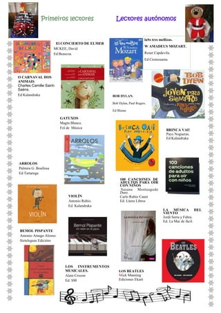 laSs tres mellizas. 
W AMADEUS MOZART. 
Roser Capdevila. 
Ed Cromosama 
El CONCIERTO DE ELMER 
MCKEE, David 
Ed Beascoa. 
O CARNAVAL DOS 
ANIMAIS 
Charles Camille Saint- 
Saëns. 
Ed Kalandraka 
Primeiros lectores Lectores autónomos 
BOB DYLAN. 
Bob Dylan, Paul Rogers. 
Ed Blume 
BRINCA VAI! 
Paco Nogueras. 
Ed Kalandraka 
ARROLOS 
Palmira G. Boullosa 
Ed Tartaruga 
GATUXOS 
Magín Blanco. 
Fol de Música 
VIOLÍN 
Antonio Rubio. 
Ed. Kalandraka 
LOS BEATLES 
Mick Manning 
Ediciones Ekaré 
LA MÚSICA DEL 
VIENTO 
Jordi Serra y Fabra. 
Ed. La Mar de fácil. 
100 CANCIONES DE 
ADULTOS PARA OIR 
CON NIÑOS 
Susana Monteagudo 
Duro. 
Carlo Rubio Canet 
Ed. Litera Libros 
BEMOL PISPANTE 
Antonio Amago Alonso 
Sieteleguas Edicións 
LOS INSTRUMENTOS 
MUSICALES. 
Alain Crozon 
Ed. SM 
