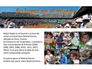 Rafael Nadal es el favorito a la hora de
visitar el Grand Slam Roland Garros,
ubicado en Paris, Francia.
Su historial es de 55 ganados, 1 perdido/s.
Con una conquista de 8 títulos (2005,
2006, 2007, 2008, 2010, 2011, 2012,
2013), Es el que lidera la tabla de mas
veces conquistado campeón.
Si quieres ganar el Roland Garros…
tendrás que pasar sobre Nadal primero…
 
