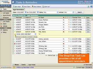 List of Appt Reminders The ShopTrak Task List provides a list of all appointment reminders. 